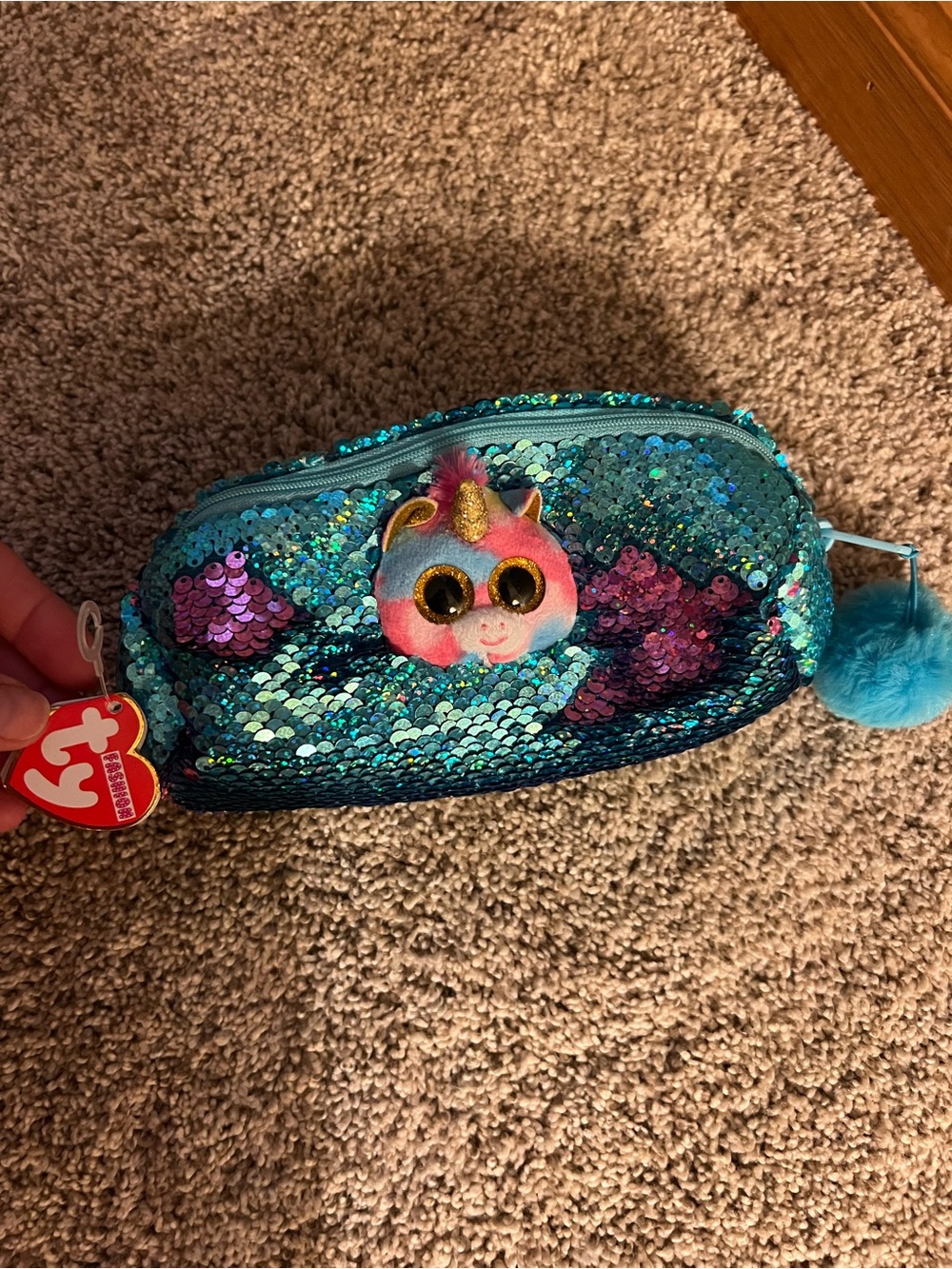 Ty Teal Sequin Unicorn Pencil Case with Pink Accent